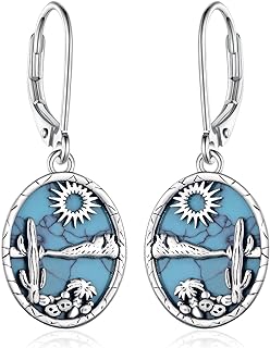 Leverback Sterling Silver Cactus Earrings with Turquoise Gems for Women in a Unique Western Design