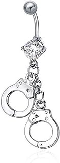 Lenacou Belly Button Rings 14G Surgical Steel Handcuffs CZ Dangle Navel Piercing Body Jewelry