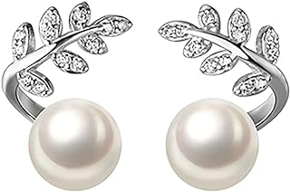 Reffeer Solid 925 Sterling Silver CZ Leaves Crawler Earrings Wrap for Women Teen Girls Pearl Cuff Earrings Piercing Studs