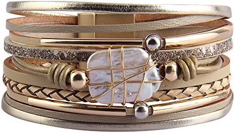AZORA Womens Leather Cuff Bracelet Baroque Pearl Wrap Bracelets Gorgeous Gold Tube Bangle Handmade Wristbands Jewelry Bohemian Gift for Women Teen Girls Mother