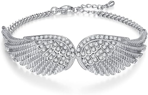 Lobster Claw Clasp Silver Bangle for Women - Adjustable Angel Wing Design with Blue Zircon - Ideal for Gifts