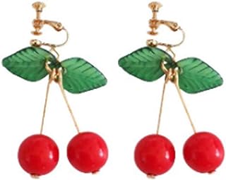 Cute Cherry Clip on Fruit Earrings for Women Girls - Fun Lovely Red Cherry Ear Clips Dangle Drop Earrings Jewelry