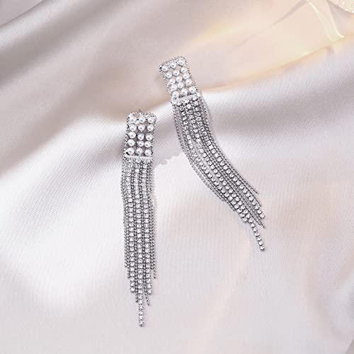 925 Silver Dangle Earrings Sparkling Long Tassel Chandelier Earrings for Wedding Prom Elegant Dangle Earrings for Women Girls