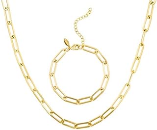 Benevolence LA Paperclip Chain Necklace for Women with Paperclip Bracelet Set, Gold Chain Link Necklace, 14K Gold Necklace and Bracelet, Paper Clip Necklace, Travel Accessories for Women