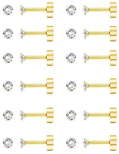 12 Pairs 14K Flat Back Earrings 20G Cartilage Earring Stud Tiny 2MM 3MM 4MM Flat Back Stud Earrings