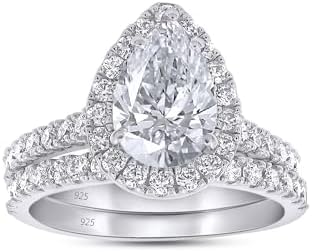 2CT 925 Sterling Silver Gold Over Bridal Ring Set Teardrop Lab Created Moissanite Diamond Halo Engagement Ring Pear Promise Ring Marquise Wedding Band for Women G-H/VVS1