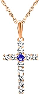 14K Gold Diamond and Created Blue Sapphire Cross Pendant with Sterling Silver Rope Chain Necklace (1/4 cttw, I-J Color, I2-I3 Clarity), 18"