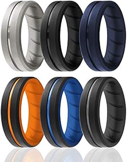 ROQ Silicone Rubber Wedding Ring for Men, Comfort Fit, Men's Wedding Band, 8mm Wide 2mm Thick, Engraved Duo Middle Line, 6 Pack, Black, Silver, Grey, Dark Blue, Orange, Light Blue, Size 9