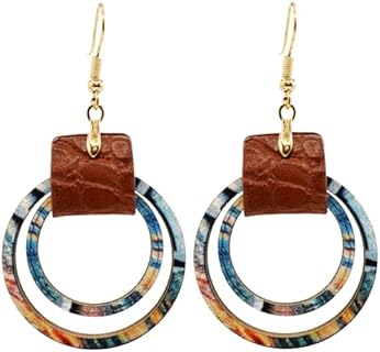 Handmade Big Hoop Earrings, Boho Earrings, Colorful Wooden Leather Earrings, Wood Circle, Statement Jewelry for Women