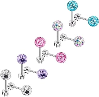 5 Pairs Crystal Ball Stud Earrings for Women Girls Stainless Steel 16G CZ Disco Ball Cartilage Earrings Flat Back Helix Tragus Piercing Studs Hypoallergenic