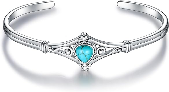 Women's Genuine Turquoise Sterling Silver Adjustable Cuff Bracelet - Native American Inspired Bohemian Bangle