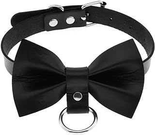 Adjustable Leather Bow Choker Necklace with Alloy Chain and Rivet Gems for Women and Girls - Punk Rock / Gothic Collar Design