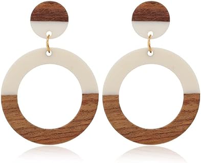 Women's Retro Geometric Dangle Earrings with Wood Gem, Push Back Design - Leopard Layered Resin and Clay Statement Jewelry