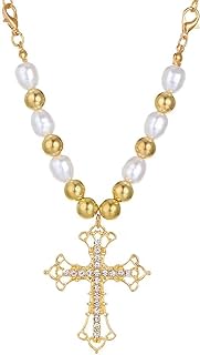 Punk Crystal Cross Pearl Necklace for Women Chunky Pearl Beaded Choker Gothic Rhinestone Cross Pendant Necklace Faith Protection Jewelry for Girls