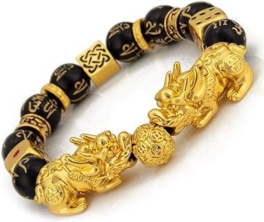 ZenBless Prosperity Bracelet with Double Pi Xiu/Pi Yao Symbols and Black Obsidian Beads, Secured with Buckle Clasp for Fortune & Good Luck