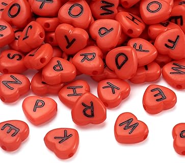 Cheriswelry 100pcs Heart Shape Acrylic Letter Alphabet Beads Opaque Red Black Letter Pony Loose Spacer Beads 10.5x11.5mm for DIY Craft Earring Bracelet Necklace Jewelry Making Supplies