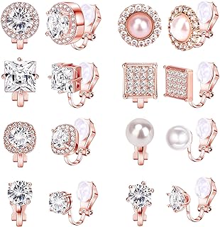 Crazypiercing 8 Pairs Clip on Earring Rose Gold Non-Pierced Earring Crystal CZ Pearl Clip on Stud Earring Non Pierced Earrings Set for Women Girls