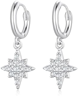Star Dangle Earrings, 14K White Gold Plated Hoop Earrings Huggies, Silver Star Earrings Dangle for Women Trendy, Lightweight Small Drop Earrings