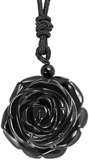 TUMBEELLUWA Women's Carved Floral Crystal Flower Necklace with 27-Inch Adjustable Rope Cord and #2 Black Obsidian Stone - Perfect for Healing and Fashion