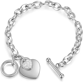 Jukoclut Cubic Zirconia Heart Charm Toggle Bracelet with Rolo Chain & Spring Ring for Women, Stainless Steel Design