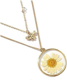 Double Layers Daisy Bee Pendant Necklace Dried Flowers Resin Sunflower Collar Necklace for Women Girls