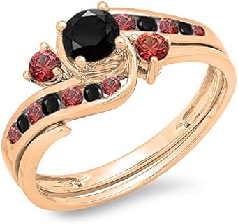 Dazzlingrock Collection 10K Gold Round Black Diamond & Red Ruby Ladies Swirl Bridal Engagement Ring Band Set