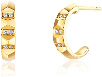 FANCIME 14K Yellow Gold Small Cuff Hoop Earrings with Diamond Accents - Timeless Half Hoop Design for Women & Girls