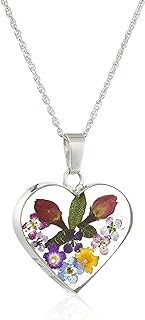 Essentials Double Heart Pendant Necklace in Rhodium Plated Silver with Vibrant Pressed Flowers and Cable Chain