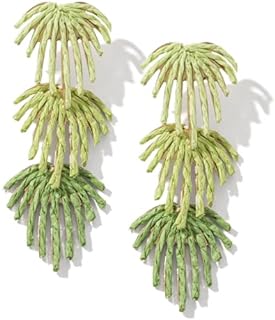 Handmade Boho Raffia Palm Leaf Drop Earrings with Brass Clasp for Women - Fun, Vibrant Summer Design