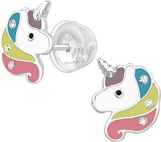 AUBE JEWELRY Hypoallergenic 925 Sterling Silver Beautiful Unicorn Head Stud Earrings Adorned with Crystal with Comfort Fit Push Back Closings Girls and Women