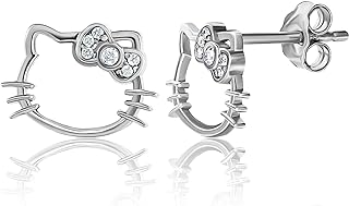Sanrio Hello Kitty Womens Lab Created Diamond Bow Stud Earrings - Sterling Silver Silhouette Earrings Official License