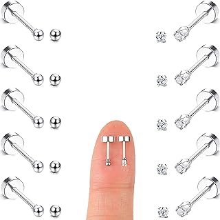 Surgical Stainless Steel Screw Back Cubic Zirconia Stud Earring Set, Flat Back Design, Perfect for Men & Women, Ideal for Multiple Ear Piercings, 10 Pair Set
