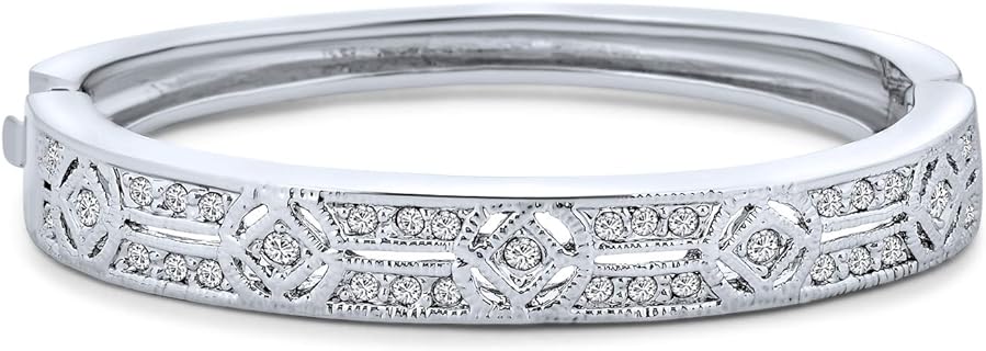 Box Clasp Vintage Deco Style Silver-Toned Rhodium-Plated Brass Bangle Bracelet with Cubic Zirconia For Women - No Chain Type