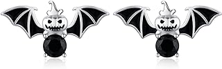 French Clip Sterling Silver Pumpkin Bat Stud Earrings For Women - Gothic Punk Design for Halloween Jewelry