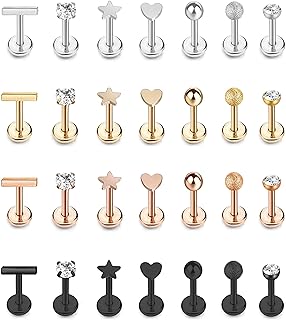 16-28Pcs 16G 316L Stainless Steel CZ Labret Monroe Lip Rings Cartilage Helix Tragus Nose Piercing 6-8MM