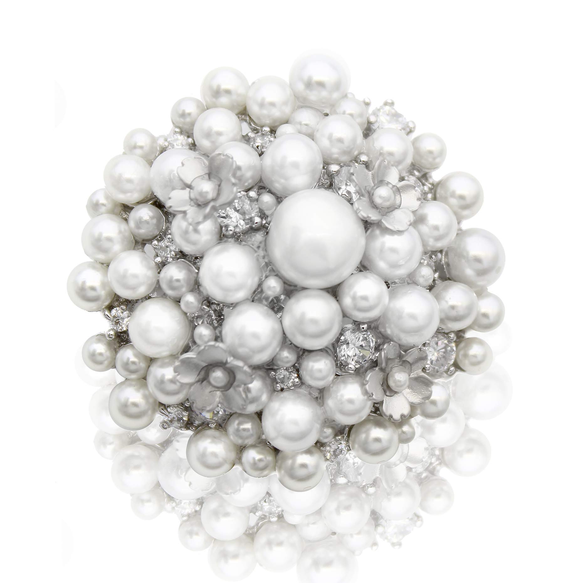 Elegant and Beautiful Pearl Silver Plated Heart Flower Zirconia Crystal Antique Brooch