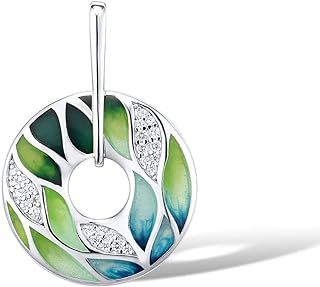 Santuzza Handmade Pendant with Round Clasp - Sterling Silver Enamel Necklace with Cubic Zirconia Gem for Women - Distinctive Bamboo Leaves Design