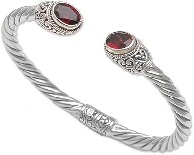 NOVICA Artisan Handmade Garnet Cuff Bracelet Sterling Silver Faceted Hinged Red Indonesia Birthstone Gemstone [6.25 in L (end to End) x 0.4 in W] ' Fiery Royalty'