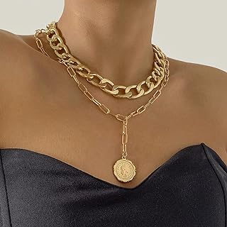 Gold Alloy Boho Chunky Necklace with Cuban Chain and Dainty Paperclip Coin Pendant for Women and Girls
