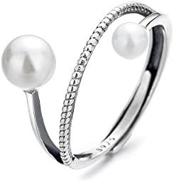 Elegant Double Pearls Open Stacking Rings Sterling Silver 925 Vintage Layered Statement Ring Antique Engagement Wedding Ring Thin Finger Band Toe Ring Fashion Jewelry Gifts for Women Girls Adjustable