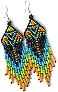 Long Beaded Dangle Earrings – Boho Native Handmade Seed Bead Tassel Earrings, Bohemian Large Statement Beaded Drop Fringe Earrings for Women and Girls (craftscorner-Eva22)
