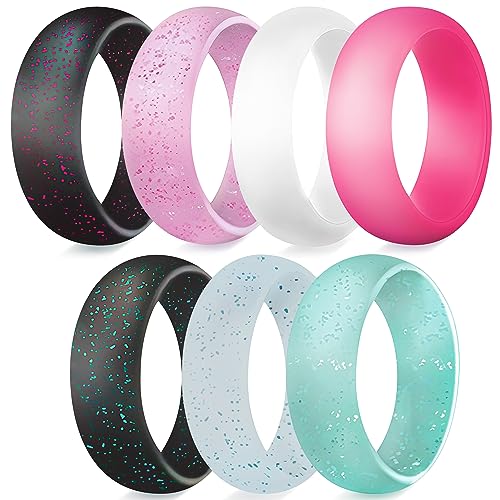 Truly Alpha Silicone Wedding Bands for Her - Pack of 7 | Flexible Silicone Rings Women | Glitter Silicone Ring Women | Workout Womens Silicone Rings | 5.7mm Rubber Rings Women