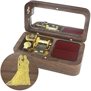Vintage Wood Ring Jewelry Box Musical Boxs Gifts for Proposal Engagement Wedding Christmas Birthday Valentine's Day (Creative Walnut Wood, Tune ; Howl's Moving Castle-Merry Go Round of Life)