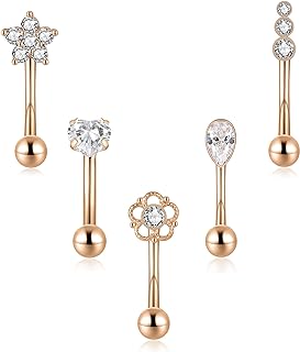 LOAYHOAY Petite 5-Piece Set of 14G 316L Stainless Steel Tiny Belly Button Rings for Women and Girls, Featuring Heart, Drop, and Floral Designs