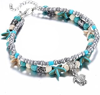 Lobster Claw Clasp Cubic Zirconia Blue Starfish Turtle Anklet for Women and Girls, Multilayer Bead Chain Design, Bohemian Foot Jewelry