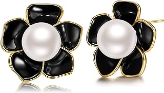 Stud Earings 14K Gold Plated 925 Sterling Silver Post Rose Flower & Pearl Stud Earrings for Women