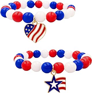 4th of July Bracelets Red White Blue US Flag Patriotic Independence Day Bracelets American Flag Star Heart Bracelet Memorial Stretch Beaded Bracelet for Americanism Patriotic Fundraiser Awareness Holiday Beach Trip Jewelry Gift for Men Women
