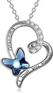 POPLYKE Grandma Heart Pendant Necklace with Cubic Zirconia Blue Butterfly Design - 925 Sterling Silver Rolo Chain with Lobster Clasp - Perfect Gift for Celebrating Love