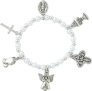 First Communion Charm Bracelet, Angel, Saint Benedict, Four Way Medal, Praying Hands, and Cross Pendants, One Size Fits Most