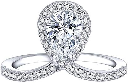 Women's AOEDEJ 18K White Gold Plated Teardrop Halo Engagement Ring with AAA+ Cubic Zirconia Pear Cut Solitaire Design in size 6